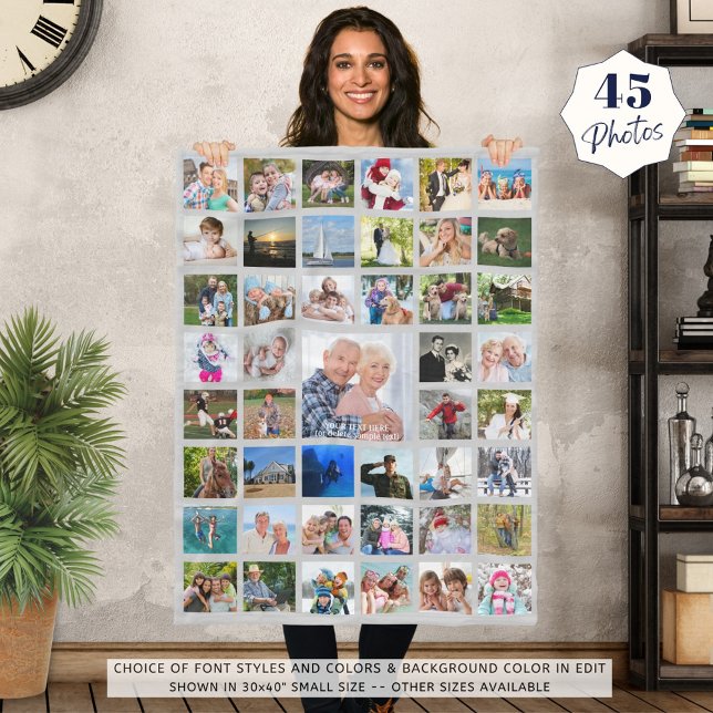 Photo Collage 45 Pics Editable Grey Personalized Fleece Blanket (Creator Uploaded)