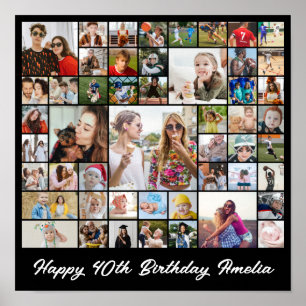 Photo Collage 50 Picture Grid Custom Square Black Poster