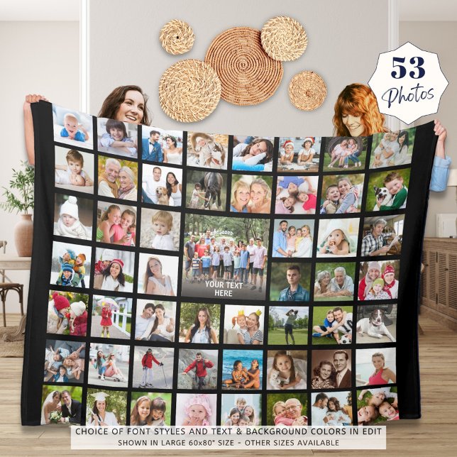 Photo Collage 53 Photos Personalized Black Fleece  Blanket (Creator Uploaded)
