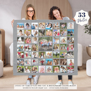 Photo Collage 53 Photos Personalized Editable Grey Fleece Blanket