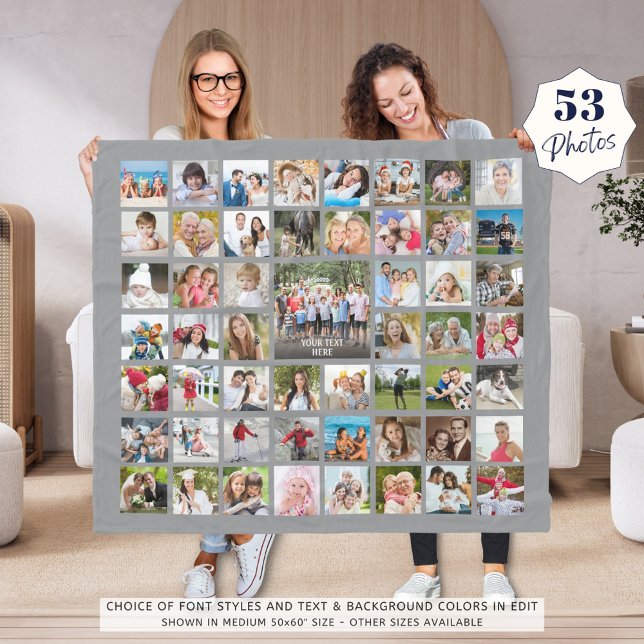 Photo Collage 53 Photos Personalized Editable Grey Fleece Blanket (Creator Uploaded)