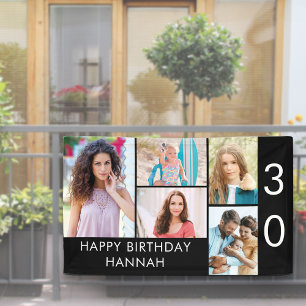 Photo Collage 5 Picture Black White 30th Birthday Banner