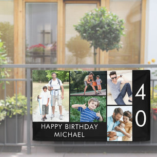 Photo Collage 5 Picture Black White 40th Birthday Banner