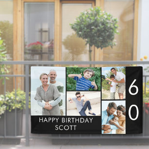 Photo Collage 5 Picture Black White 60th Birthday Banner