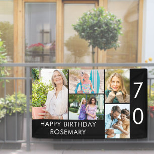 Photo Collage 5 Picture Black White 70th Birthday Banner
