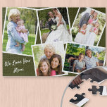 Photo Collage 5 Pictures We Love You Mom - Green Jigsaw Puzzle<br><div class="desc">Personalized jigsaw puzzle - add 5 of your favourite photos and your custom text. The design features a photo collage of 5 pictures, each with a white frame. The photos are on a dark green background and your custom wording is lettered in neat script typography. The sample wording reads "we...</div>