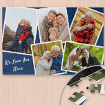 Photo Collage 5 Pictures We Love You Nana - Blue Jigsaw Puzzle<br><div class="desc">Personalized jigsaw puzzle - add 5 of your favourite photos and your custom text. The design features a photo collage of 5 pictures, each with a white frame. The photos are on a dark blue background and your custom wording is lettered in neat script typography. The sample wording reads "we...</div>