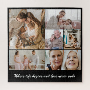Photo Collage 6 Picture Grid Custom Square Black Jigsaw Puzzle