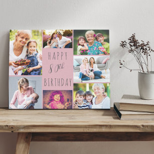 Photo Collage 7 Picture Pink Grey 80th Birthday Canvas Print