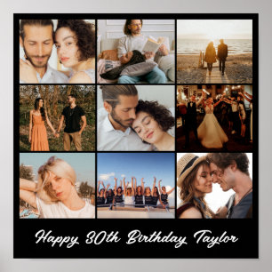 Photo Collage 9 Picture Grid Custom Square Black Poster