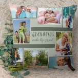 Photo Collage and Quote for Grandparents - Green Throw Pillow<br><div class="desc">Stylish throw pillow with custom photo collage and quote for grandparents. The design is printed on both sides of the pillow and features 8 of your own photographs. The quote is hand lettered and reads "Grandkids make life grand". The photo template is set up for you to add your pictures...</div>