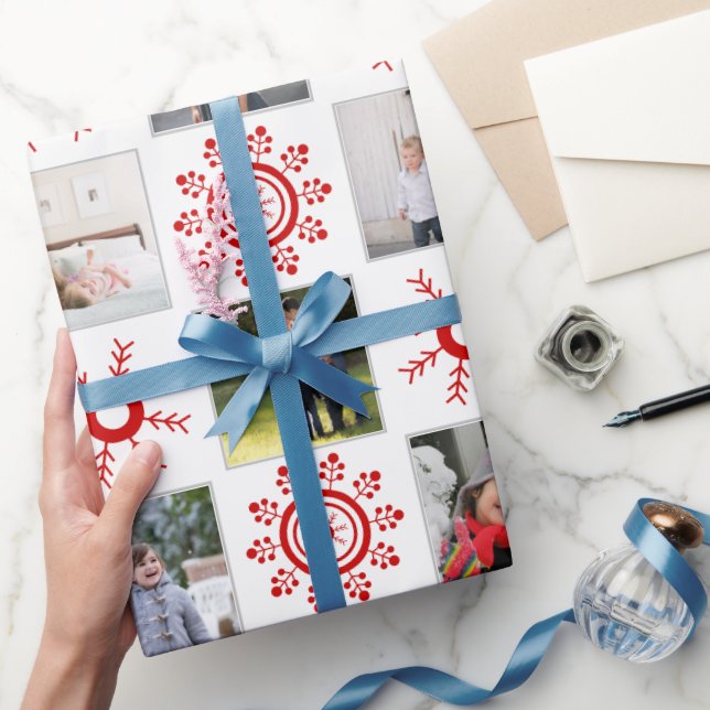 Photo collage and red snowflakes Christmas Wrapping Paper (Gifting)