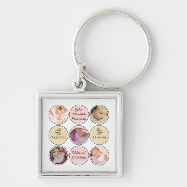Photo Collage Baby Girl Name, birth stats and duck Keychain (Front)