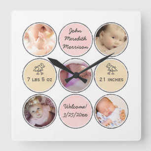 Photo Collage Baby Girl Name, birth stats and duck Square Wall Clock