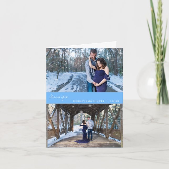 Photo Collage Baby Shower Blue Thank You Card (Front)