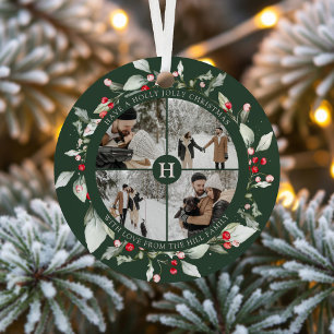 Photo Collage Berry Jolly Christmas Green Metal Ornament