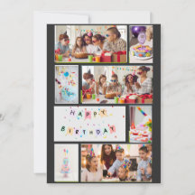 Photo Collage Birthday Card - Grey Black 7 Frames