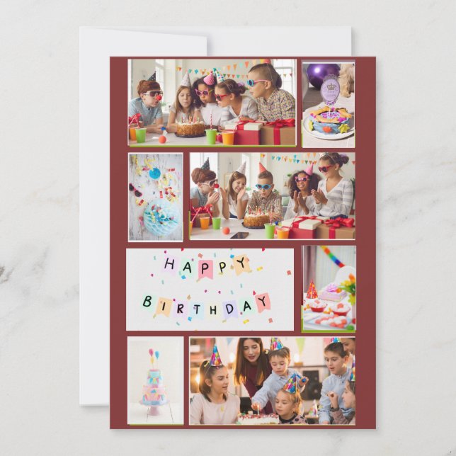 Photo Collage Birthday Card - Red with 7 Frames (Front)