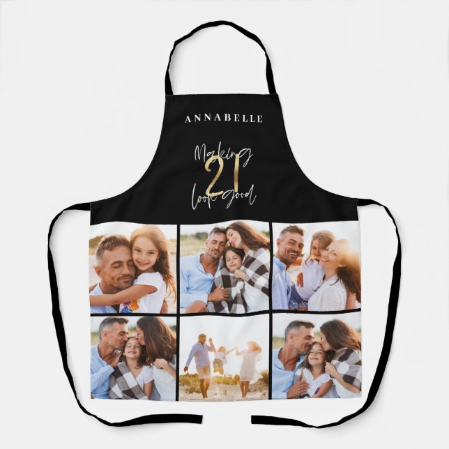 Photo collage black and gold 21ST birthday modern Apron (Front)