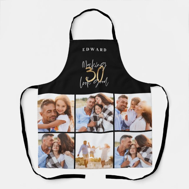 Photo collage black and gold 30th birthday modern apron (Front)