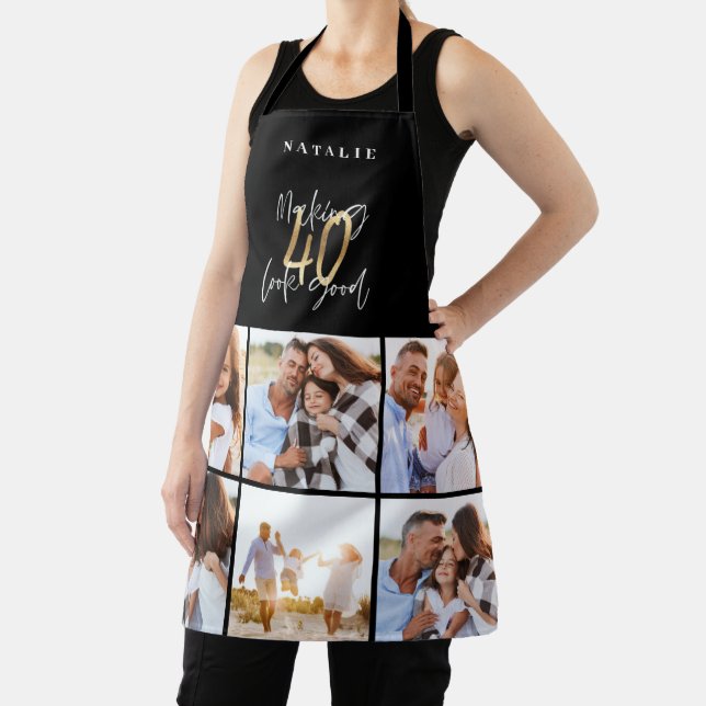 Photo collage black and gold 40th birthday modern apron (Insitu)