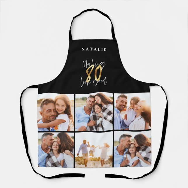 Photo collage black and gold 80th birthday modern apron (Front)