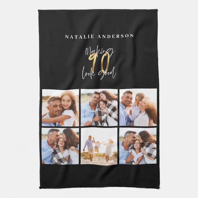 Photo collage black and gold 90th birthday  kitchen towel (Vertical)