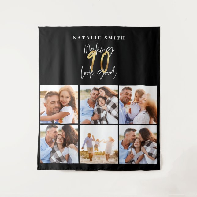 Photo collage black and gold 90th birthday modern tapestry (Front)