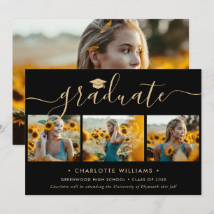Photo Collage Black and Gold Modern Graduation Announcement