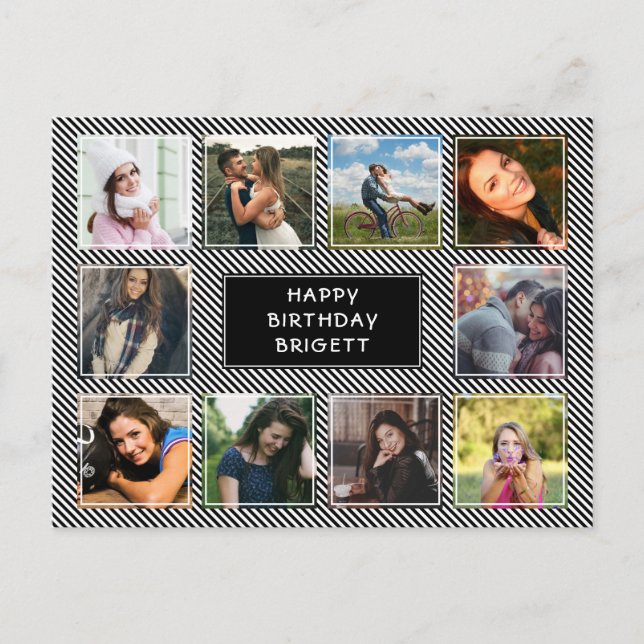 Photo Collage Black and White Striped Birthday Postcard (Front)