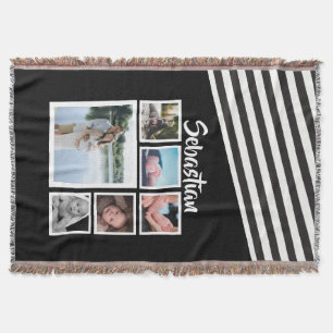 Photo Collage Black and White Striped Personalized Throw Blanket