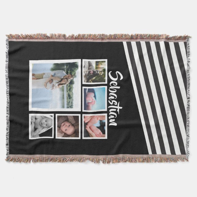 Photo Collage Black and White Striped Personalized Throw Blanket (Front)