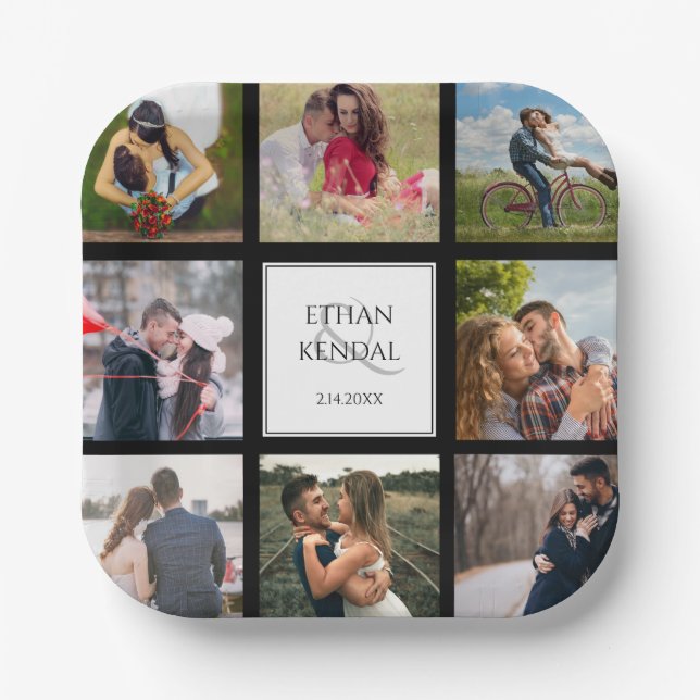 Photo Collage Black and White Wedding Paper Plates (Front)