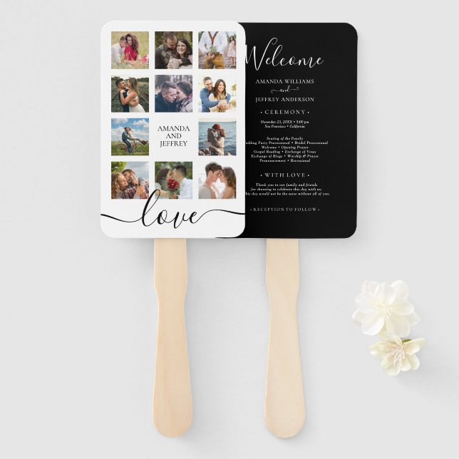 Photo Collage Black and White Wedding Program Hand Hand Fan (Front and Back)