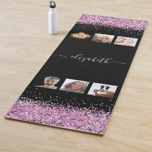 Photo collage black blush pink name script yoga mat