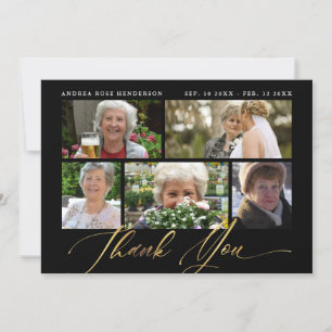 Photo Collage Black & Gold Calligraphy Funeral Thank You Card