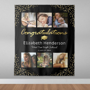 Photo Collage Black Gold Graduation Backdrop Tapestry