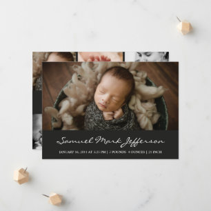 Photo collage black newborn baby boy unisex birth announcement