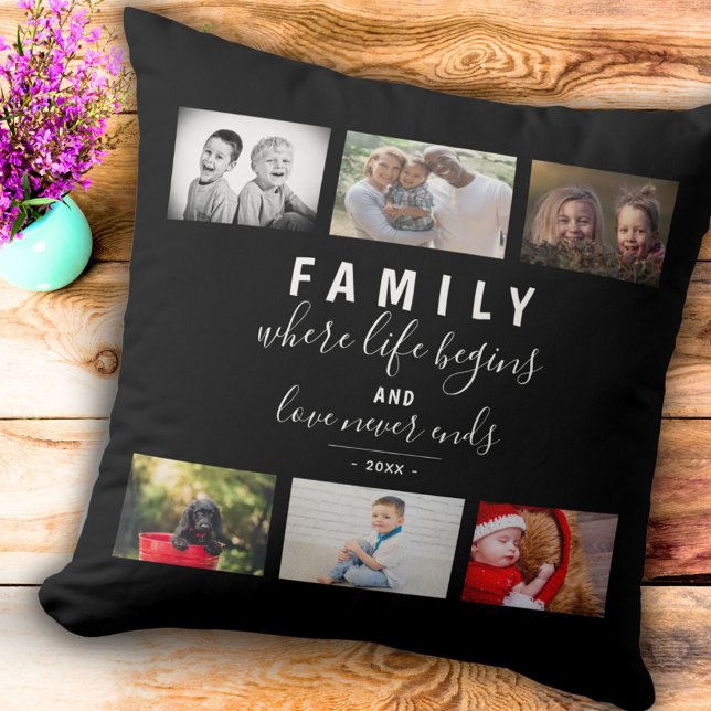 Photo Collage Black Script Family Keepsake Saying Throw Pillow (Creator Uploaded)
