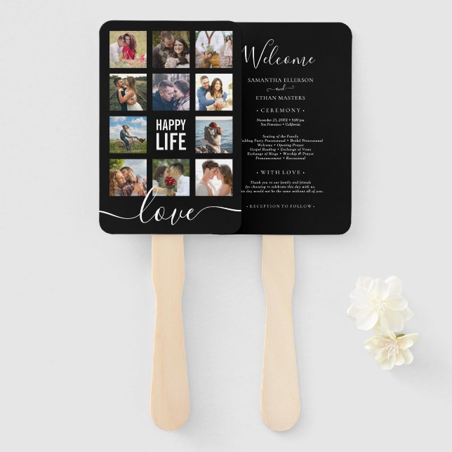 Photo Collage Black Wedding Program Hand Fan (Front and Back)