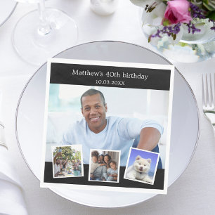 Photo collage black white birthday party napkin