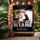 Photo collage black white birthday party welcome poster<br><div class="desc">Create your own unique photo collage. Use four,  4 of your favourite photo. Personalize and add a name and age. A black background,  white text.</div>