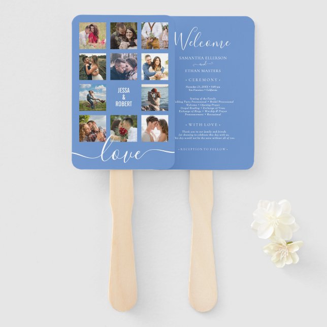 Photo Collage Blue Wedding Program Hand Fan (Front and Back)
