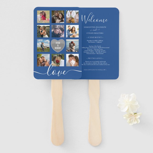 Photo Collage Blue Wedding Program Hand  Hand Fan (Front and Back)