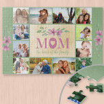Photo Collage Border Mom Quote Green Floral Jigsaw Puzzle<br><div class="desc">Custom photo puzzle for mom with lovely quote and watercolor flowers on a green and antique cream background. The photo template is set up ready for you to add 12 of your favourite photos which are displayed as a border around the mom quote. The wording reads "MOM the heart of...</div>