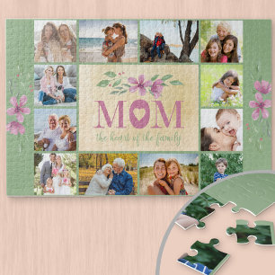 Photo Collage Border Mom Quote Green Floral Jigsaw Puzzle