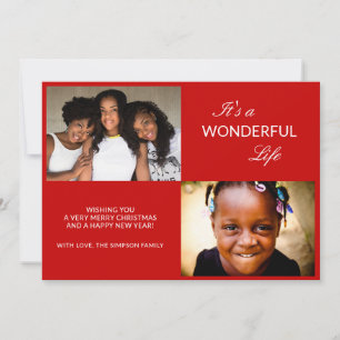 Photo Collage Bright Red Sparkle Modern Holiday Card