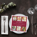 Photo collage burgundy birthday party napkin<br><div class="desc">For a 50th (or any age) birthday,  celebrating his/her life with a collage of 6 of your high quality photos of her,  her friends,  family,  interest or pets.  Personalize and add a name,  age,  date.    A stylish burgundy background,  white text.</div>