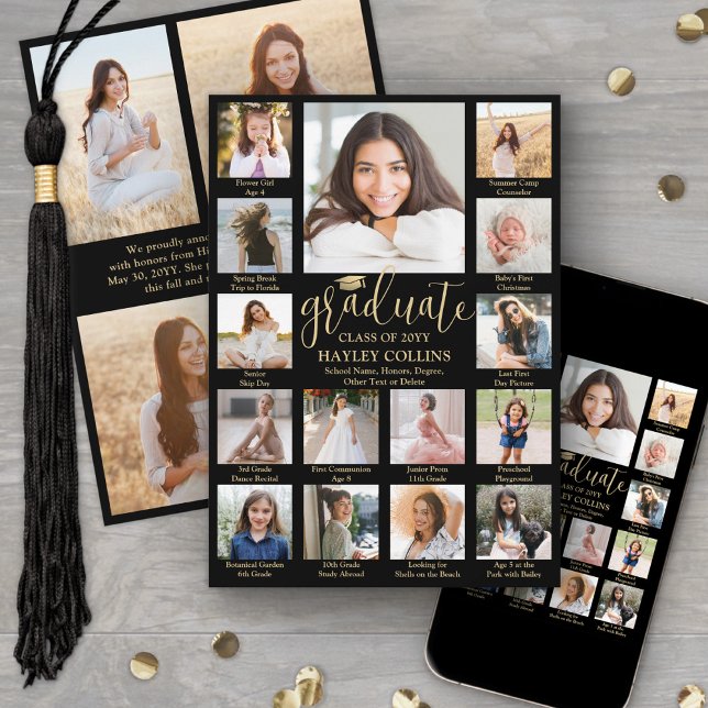 Photo Collage & Captions Black & Gold Graduation Announcement (Creator Uploaded)