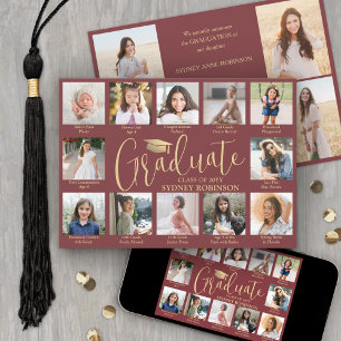 Photo Collage & Captions Burgundy Gold Graduation Announcement